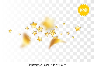Random falling golden star glitter transparent sparkle background. Christmas banner, New Year greeting, invitation, postcard. Shimmer vector illustration.