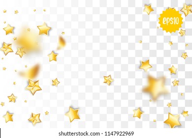 Random falling golden star glitter transparent sparkle background. Christmas banner, New Year greeting, invitation, postcard. Shimmer vector illustration.