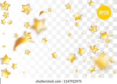 Random falling golden star glitter transparent sparkle background. Christmas banner, New Year greeting, invitation, postcard. Shimmer vector illustration.
