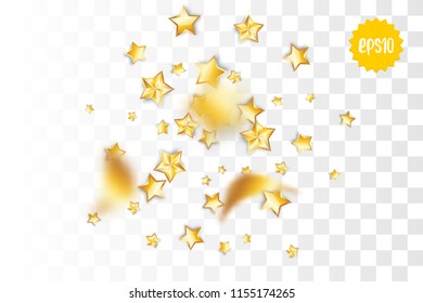 Random falling golden star glitter transparent sparkle background. Christmas banner, New Year greeting, invitation, postcard. Shimmer vector illustration.