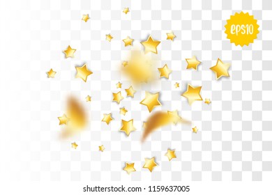 Random falling golden star glitter transparent sparkle background. Christmas banner, New Year greeting, invitation, postcard. Shimmer vector illustration.