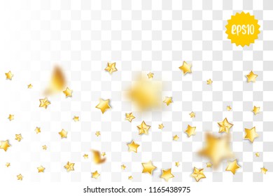 Random falling golden star glitter transparent sparkle background. Christmas banner, New Year greeting, invitation, postcard. Shimmer vector illustration.