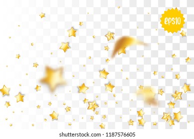 Random falling golden star glitter transparent sparkle background. Christmas banner, New Year greeting, invitation, postcard. Shimmer vector illustration.