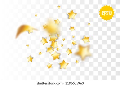 Random falling golden star glitter transparent sparkle background. Christmas banner, New Year greeting, invitation, postcard. Shimmer vector illustration.