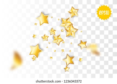 Random falling golden star glitter transparent sparkle background. Christmas banner, New Year greeting, invitation, postcard. Shimmer vector illustration.