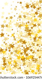  Random Falling Golden Stars on Honologram Background. Magic Flying Stars Confetti. Postcard, Packaging, Textile Print, Banner, Greeting Card, Christmas and New Year card. Vector Illustration.
