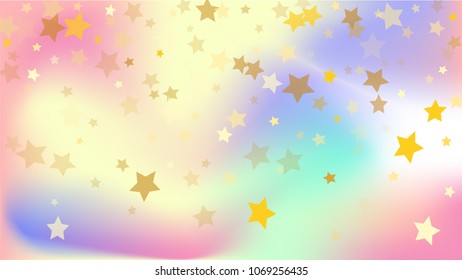  Random Falling Golden Stars on Honologram Background. Magic Flying Stars Confetti.  Banner, Greeting Card, Christmas and New Year card, Postcard, Packaging, Textile Print. Vector Illustration.