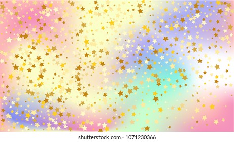  Random Falling Golden Stars on Honologram Background. Magic Flying Stars Confetti.  Banner, Greeting Card, Christmas and New Year card, Postcard, Packaging, Textile Print. Beautiful Night Sky