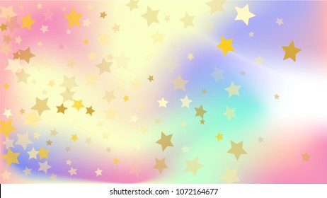  Random Falling Golden Stars on Honologram Background. Magic Flying Stars Confetti. Postcard, Packaging, Textile Print, Banner, Greeting Card, Christmas and New Year card. Vector Illustration.