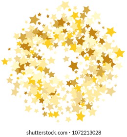  Random Falling Golden Stars on Honologram Background. Magic Flying Stars Confetti.  Banner, Greeting Card, Christmas and New Year card, Postcard, Packaging, Textile Print. Beautiful Night Sky