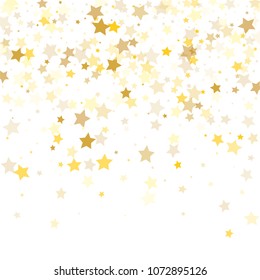  Random Falling Golden Stars on Honologram Background. Magic Flying Stars Confetti.  Banner, Greeting Card, Christmas and New Year card, Postcard, Packaging, Textile Print. Beautiful Night Sky