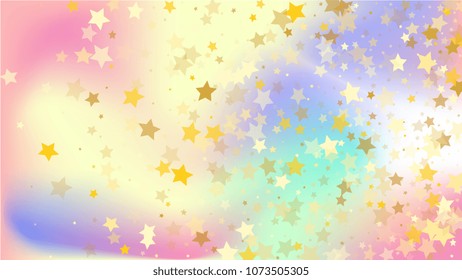  Random Falling Golden Stars on Honologram Background. Magic Flying Stars Confetti.  Banner, Greeting Card, Christmas and New Year card, Postcard, Packaging, Textile Print. Vector Illustration.