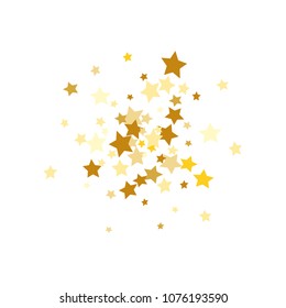  Random Falling Golden Stars on Honologram Background. Magic Flying Stars Confetti.  Banner, Greeting Card, Christmas and New Year card, Postcard, Packaging, Textile Print. Vector Illustration.