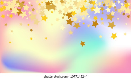  Random Falling Golden Stars on Hologram Background. Magic Flying Stars Confetti. Postcard, Packaging, Textile Print, Banner, Greeting Card, Christmas and New Year card. Vector Illustration.