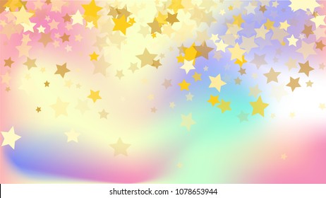  Random Falling Golden Stars on Honologram Background. Magic Flying Stars Confetti.  Banner, Greeting Card, Christmas and New Year card, Postcard, Packaging, Textile Print. Beautiful Night Sky