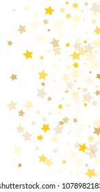  Random Falling Golden Stars on Honologram Background. Magic Flying Stars Confetti. Postcard, Packaging, Textile Print, Banner, Greeting Card, Christmas and New Year card. Vector Illustration.