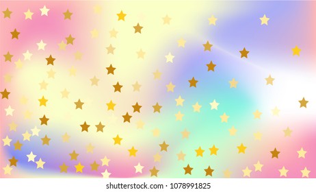  Random Falling Golden Stars on Honologram Background. Magic Flying Stars Confetti.  Banner, Greeting Card, Christmas and New Year card, Postcard, Packaging, Textile Print. Beautiful Night Sky