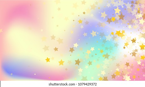 Random Falling Golden Stars on Honologram Background. Magic Flying Stars Confetti.  Banner, Greeting Card, Christmas and New Year card, Postcard, Packaging, Textile Print. Beautiful Night Sky