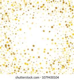  Random Falling Golden Stars on Honologram Background. Magic Flying Stars Confetti.  Banner, Greeting Card, Christmas and New Year card, Postcard, Packaging, Textile Print. Vector Illustration.