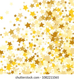  Random Falling Golden Stars on Honologram Background. Magic Flying Stars Confetti.  Banner, Greeting Card, Christmas and New Year card, Postcard, Packaging, Textile Print. Vector Illustration.