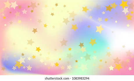  Random Falling Golden Stars on Honologram Background. Magic Flying Stars Confetti. Postcard, Packaging, Textile Print, Banner, Greeting Card, Christmas and New Year card. Vector Illustration.
