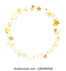  Random Falling Golden Stars on Honologram Background. Magic Flying Stars Confetti.  Banner, Greeting Card, Christmas and New Year card, Postcard, Packaging, Textile Print. Vector Illustration.