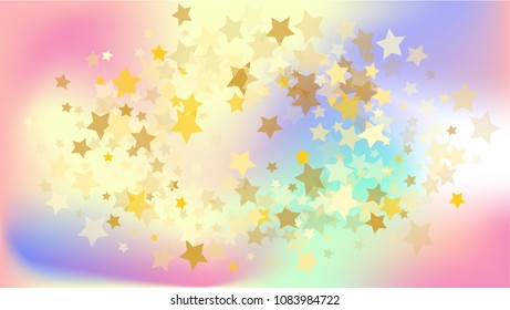  Random Falling Golden Stars on Honologram Background. Magic Flying Stars Confetti. Postcard, Packaging, Textile Print, Banner, Greeting Card, Christmas and New Year card. Vector Illustration.
