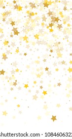  Random Falling Golden Stars on Honologram Background. Magic Flying Stars Confetti. Postcard, Packaging, Textile Print, Banner, Greeting Card, Christmas and New Year card. Vector Illustration.