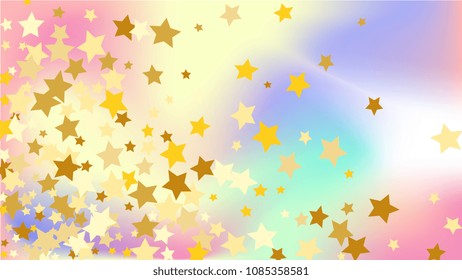  Random Falling Golden Stars on Honologram Background. Magic Flying Stars Confetti.  Banner, Greeting Card, Christmas and New Year card, Postcard, Packaging, Textile Print. Vector Illustration.