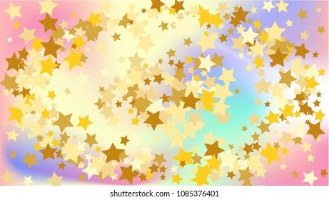  Random Falling Golden Stars on Honologram Background. Magic Flying Stars Confetti.  Banner, Greeting Card, Christmas and New Year card, Postcard, Packaging, Textile Print. Vector Illustration.