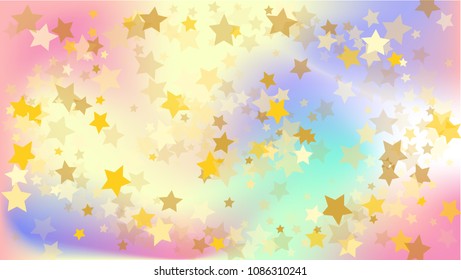  Random Falling Golden Stars on Honologram Background. Magic Flying Stars Confetti. Postcard, Packaging, Textile Print, Banner, Greeting Card, Christmas and New Year card. Vector Illustration.