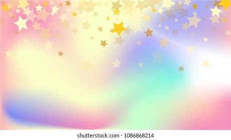  Random Falling Golden Stars on Honologram Background. Magic Flying Stars Confetti.  Banner, Greeting Card, Christmas and New Year card, Postcard, Packaging, Textile Print. Beautiful Night Sky