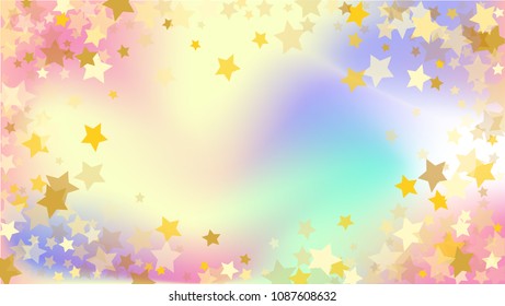  Random Falling Golden Stars on Honologram Background. Magic Flying Stars Confetti. Postcard, Packaging, Textile Print, Banner, Greeting Card, Christmas and New Year card. Vector Illustration.