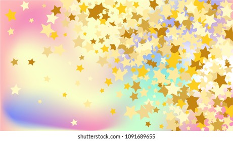  Random Falling Golden Stars on Honologram Background. Magic Flying Stars Confetti. Postcard, Packaging, Textile Print, Banner, Greeting Card, Christmas and New Year card. Vector Illustration.