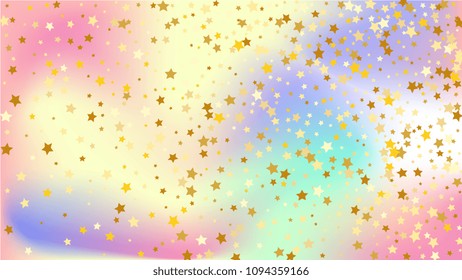  Random Falling Golden Stars on Honologram Background. Magic Flying Stars Confetti.  Banner, Greeting Card, Christmas and New Year card, Postcard, Packaging, Textile Print. Beautiful Night Sky