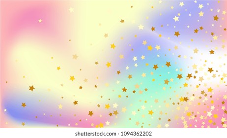  Random Falling Golden Stars on Honologram Background. Magic Flying Stars Confetti. Postcard, Packaging, Textile Print, Banner, Greeting Card, Christmas and New Year card. Vector Illustration.