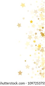  Random Falling Golden Stars on Honologram Background. Magic Flying Stars Confetti.  Banner, Greeting Card, Christmas and New Year card, Postcard, Packaging, Textile Print. Vector Illustration.