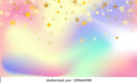  Random Falling Golden Stars on Honologram Background. Magic Flying Stars Confetti.  Banner, Greeting Card, Christmas and New Year card, Postcard, Packaging, Textile Print. Vector Illustration.