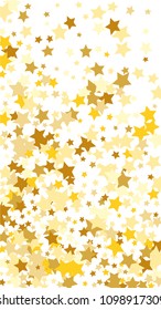  Random Falling Golden Stars on Honologram Background. Magic Flying Stars Confetti.  Banner, Greeting Card, Christmas and New Year card, Postcard, Packaging, Textile Print. Vector Illustration.