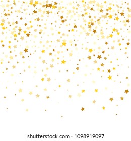  Random Falling Golden Stars on Honologram Background. Magic Flying Stars Confetti. Postcard, Packaging, Textile Print, Banner, Greeting Card, Christmas and New Year card. Vector Illustration.