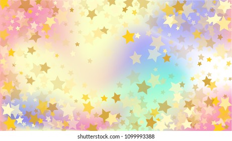  Random Falling Golden Stars on Honologram Background. Magic Flying Stars Confetti.  Banner, Greeting Card, Christmas and New Year card, Postcard, Packaging, Textile Print. Beautiful Night Sky