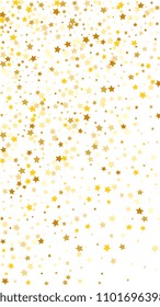 Random Falling Golden Stars on White Background. Magic Flying Stars Confetti.  Banner, Greeting Card, Christmas and New Year card, Postcard, Packaging, Textile Print. Beautiful Night Sky