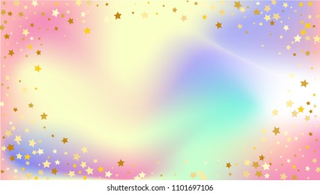  Random Falling Golden Stars on Honologram Background. Magic Flying Stars Confetti. Postcard, Packaging, Textile Print, Banner, Greeting Card, Christmas and New Year card. Vector Illustration.