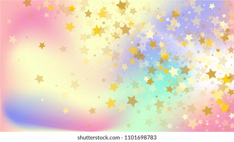  Random Falling Golden Stars on Honologram Background. Magic Flying Stars Confetti.  Banner, Greeting Card, Christmas and New Year card, Postcard, Packaging, Textile Print. Vector Illustration.