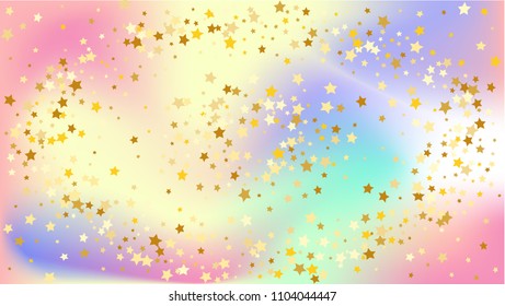  Random Falling Golden Stars on Honologram Background. Magic Flying Stars Confetti. Postcard, Packaging, Textile Print, Banner, Greeting Card, Christmas and New Year card. Vector Illustration.