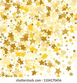 Random Falling Golden Stars on Honologram Background. Magic Flying Stars Confetti. Postcard, Packaging, Textile Print, Banner, Greeting Card, Christmas and New Year card. Vector Illustration.