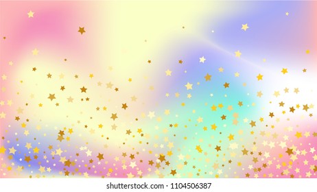  Random Falling Golden Stars on Honologram Background. Magic Flying Stars Confetti.  Banner, Greeting Card, Christmas and New Year card, Postcard, Packaging, Textile Print. Beautiful Night Sky