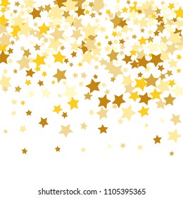 Random Falling Golden Stars on Honologram Background. Magic Flying Stars Confetti.  Banner, Greeting Card, Christmas and New Year card, Postcard, Packaging, Textile Print. Vector Illustration.