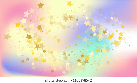  Random Falling Golden Stars on Honologram Background. Magic Flying Stars Confetti. Postcard, Packaging, Textile Print, Banner, Greeting Card, Christmas and New Year card. Vector Illustration.