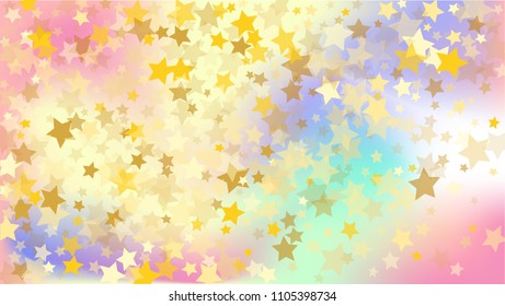  Random Falling Golden Stars on Honologram Background. Magic Flying Stars Confetti. Postcard, Packaging, Textile Print, Banner, Greeting Card, Christmas and New Year card. Vector Illustration.